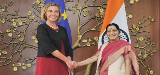 EU High Representative Federica Mogherini (left) meets Indian Minister for External Affairs Sushma Swaraj in New Delhi.