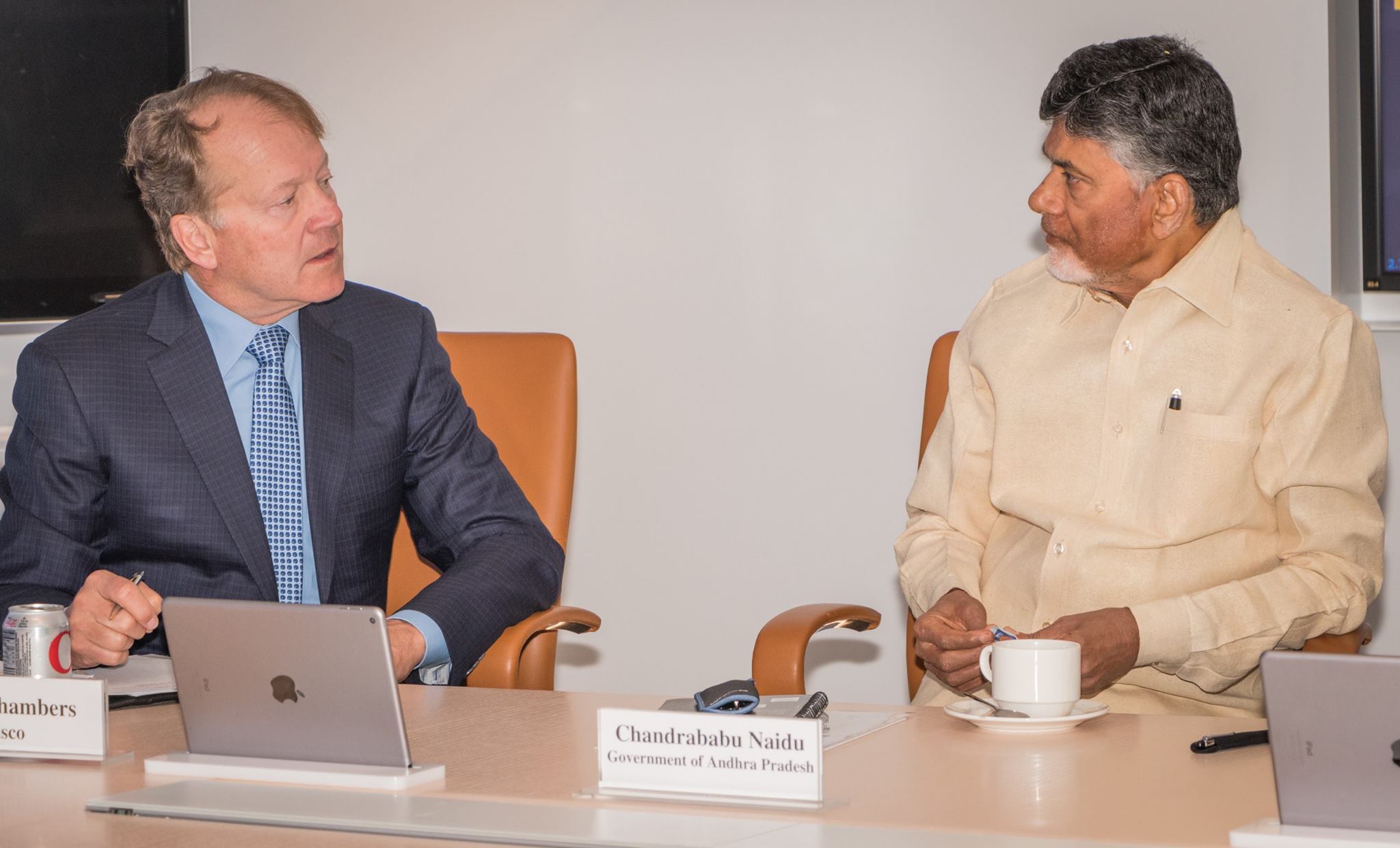 Cisco System chairman John Chambers and Andhra Pradesh chief minister N Chandrababu Naidu at Cisco headquarters.