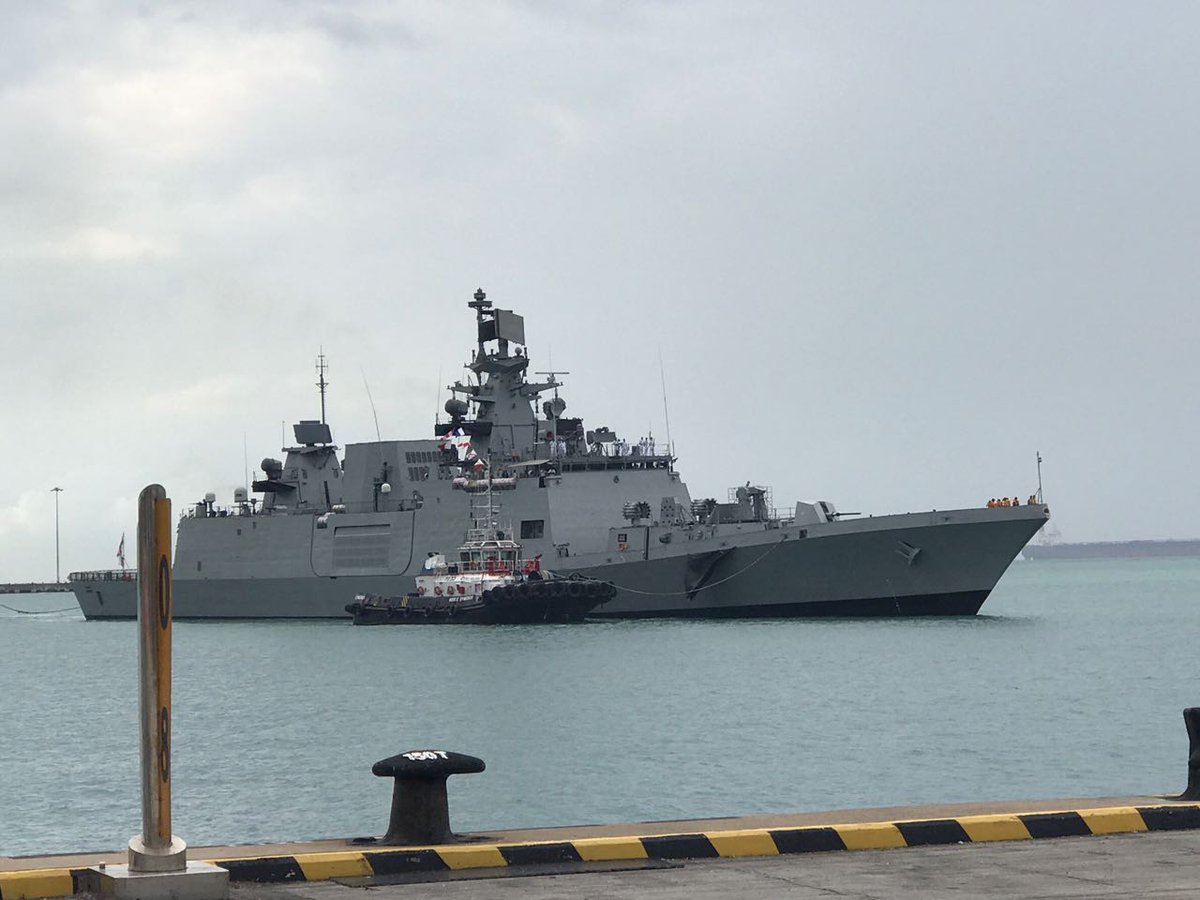 Flagship of Eastern Fleet INS Sahyadri entering Singapore harbour.