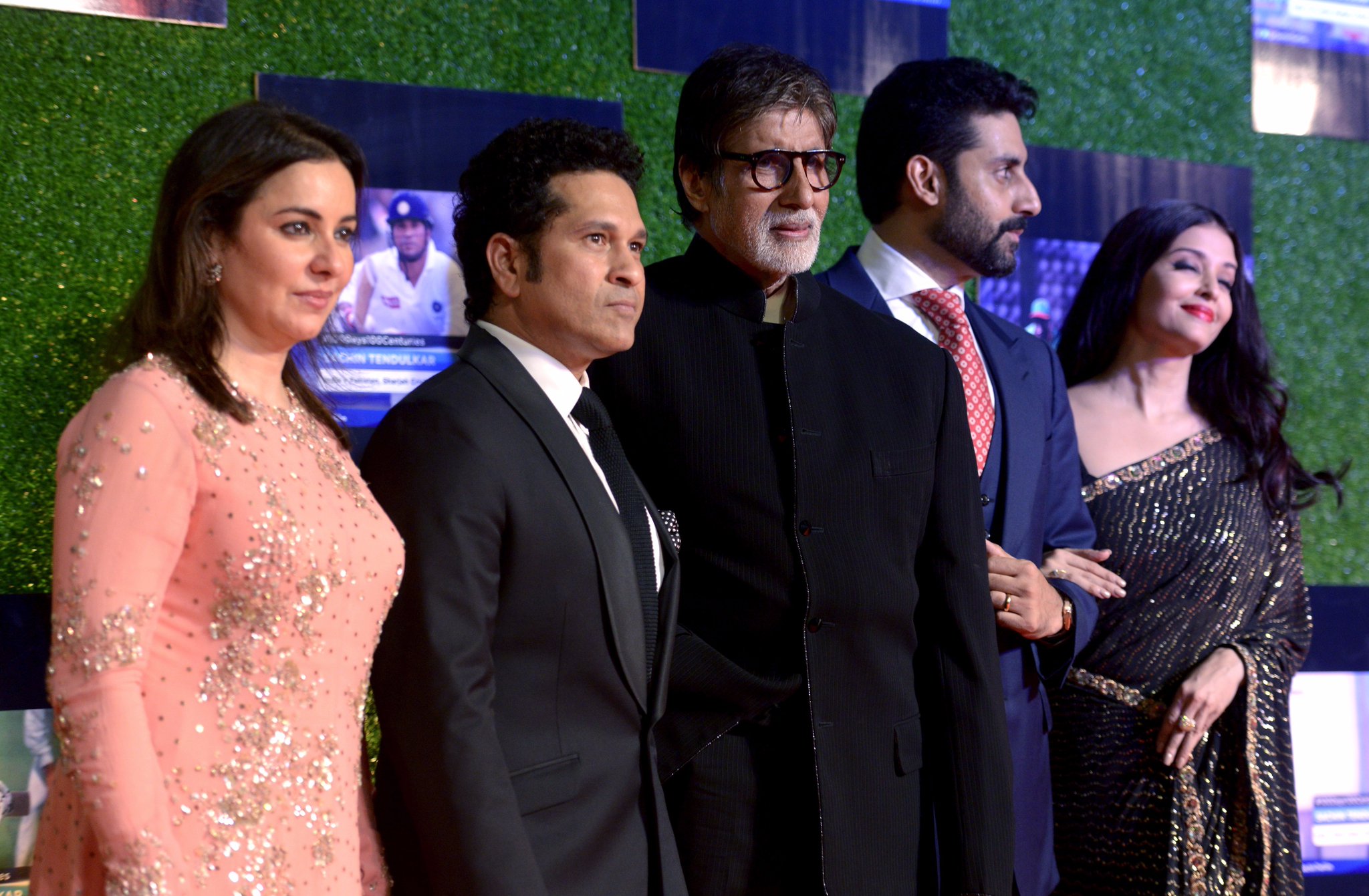 Amitabh Bachchan, Abhishek Bachchan and Aishwarya Rai attending the premiere of film 'Sachin: A Billion Dreams'. Sachin Tendulkar and his wife Anjali were the perfect hosts on the occasion. 