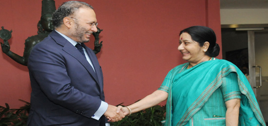 Indian External Affairs Minister Sushma Swaraj (right) meets Dr Anwar Mohammed Gargash, Minister of State for Foreign Affairs of UAE, in New Delhi 