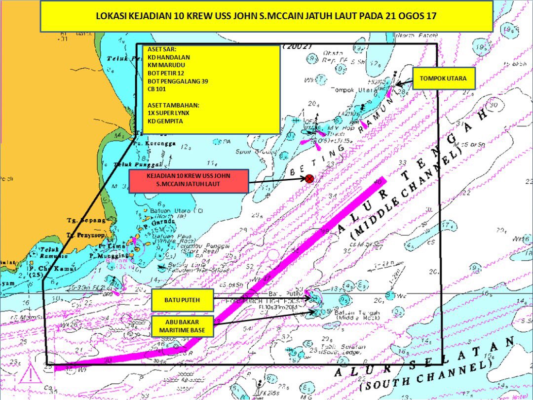 Ariel close-up map of Singapore Strait released by Royal Malaysian Navy, indicating the site of collision between American guided-missile destroyer USS John S. McCain DDG 56 and Liberian merchant vessel Alnic MC early morning on 21 August (Photo: Royal Malaysian Navy)