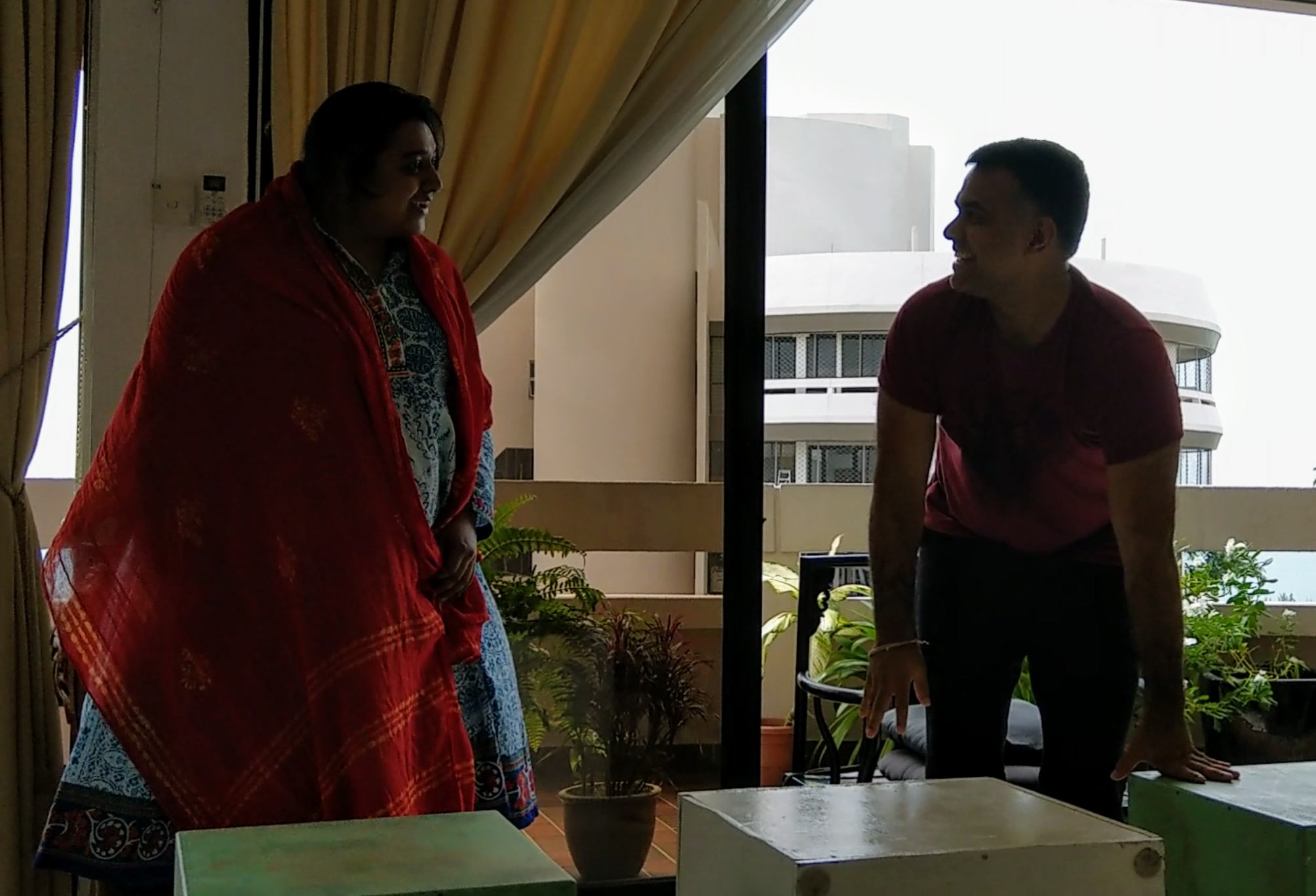 Actors rehearsing a scene.
