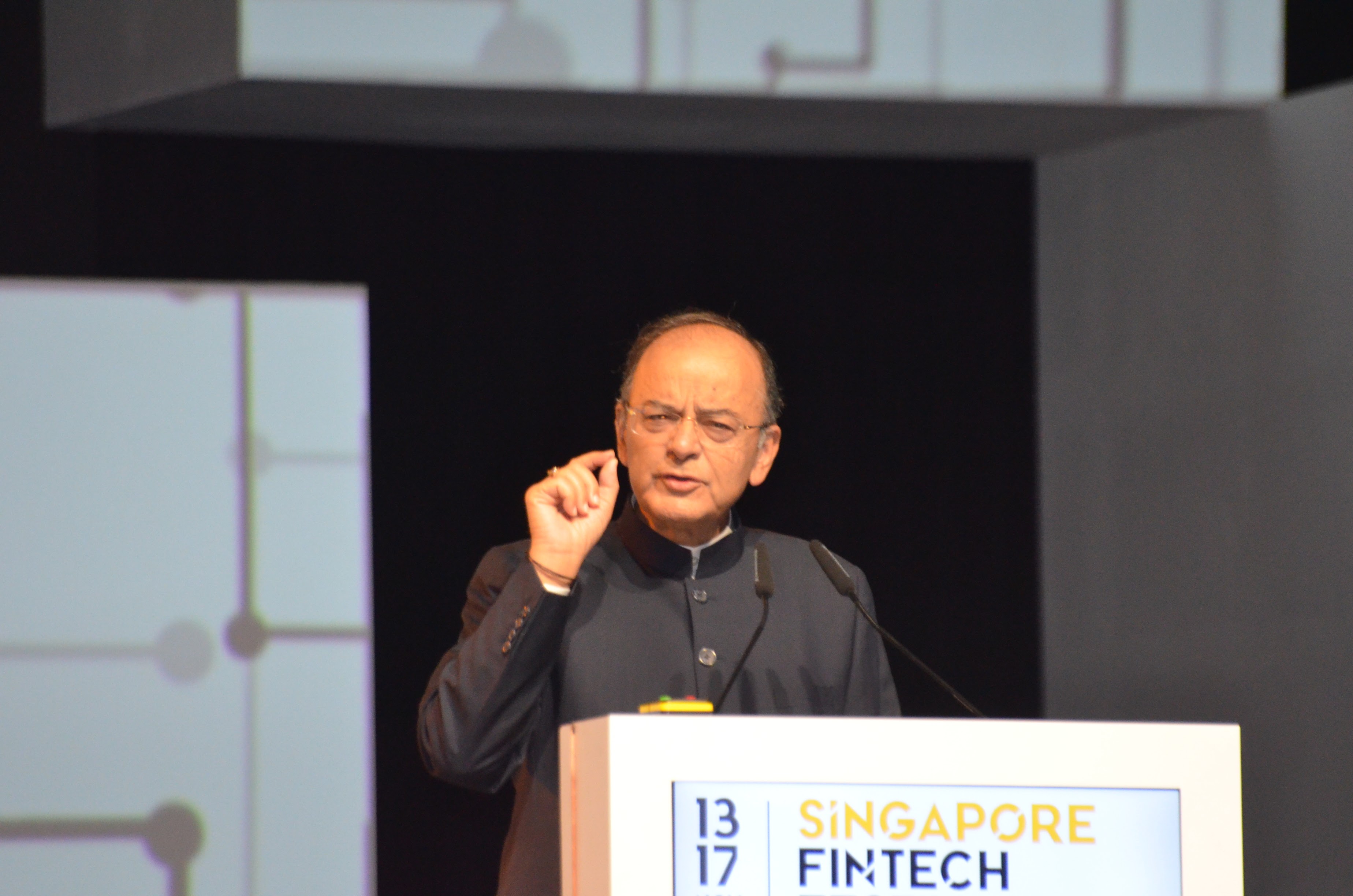 Indian Finance Minister Arun Jaitley delivering the opening address at the Singapore Fintech Festival.