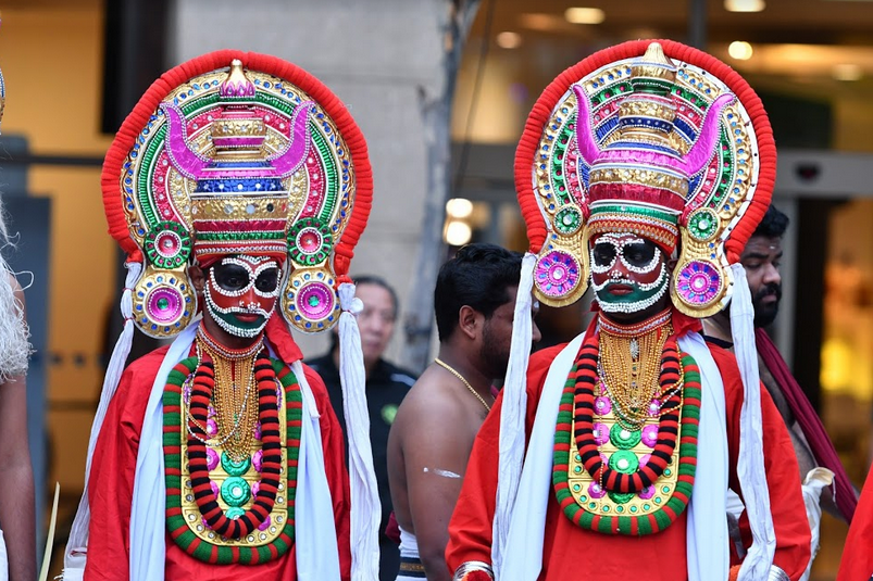 Mudi refers to the headgear of Kali, made of wood or metal. It depicts her terror inspiring face and wild hair. In a ritualistic setting, the mudi is donned by the actor playing the role of Kali at the temple. Photo: IndieStrings