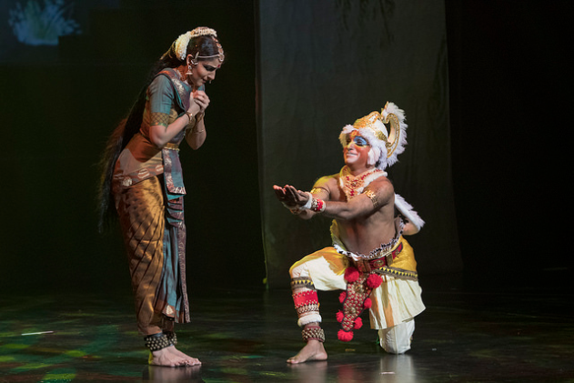 Anjaneyam's Ramayana unfolds the epic from the perspective of Hanuman. Here, the monkey god is seen showing Rama's signet ring to Sita at the Ashoka Vatika convincing her that Lord Ram will soon come to rescue her from the clutches of demon king Ravana. Renowned Bharatnatyam dancer from India Lavanya Ananth effectively showcases the character of Sita going to the tribulations through her dance form. The role of Hanuman has been essayed by famous dancing exponent Haripadam from Kalakshetra Repertory Theatre of India. 