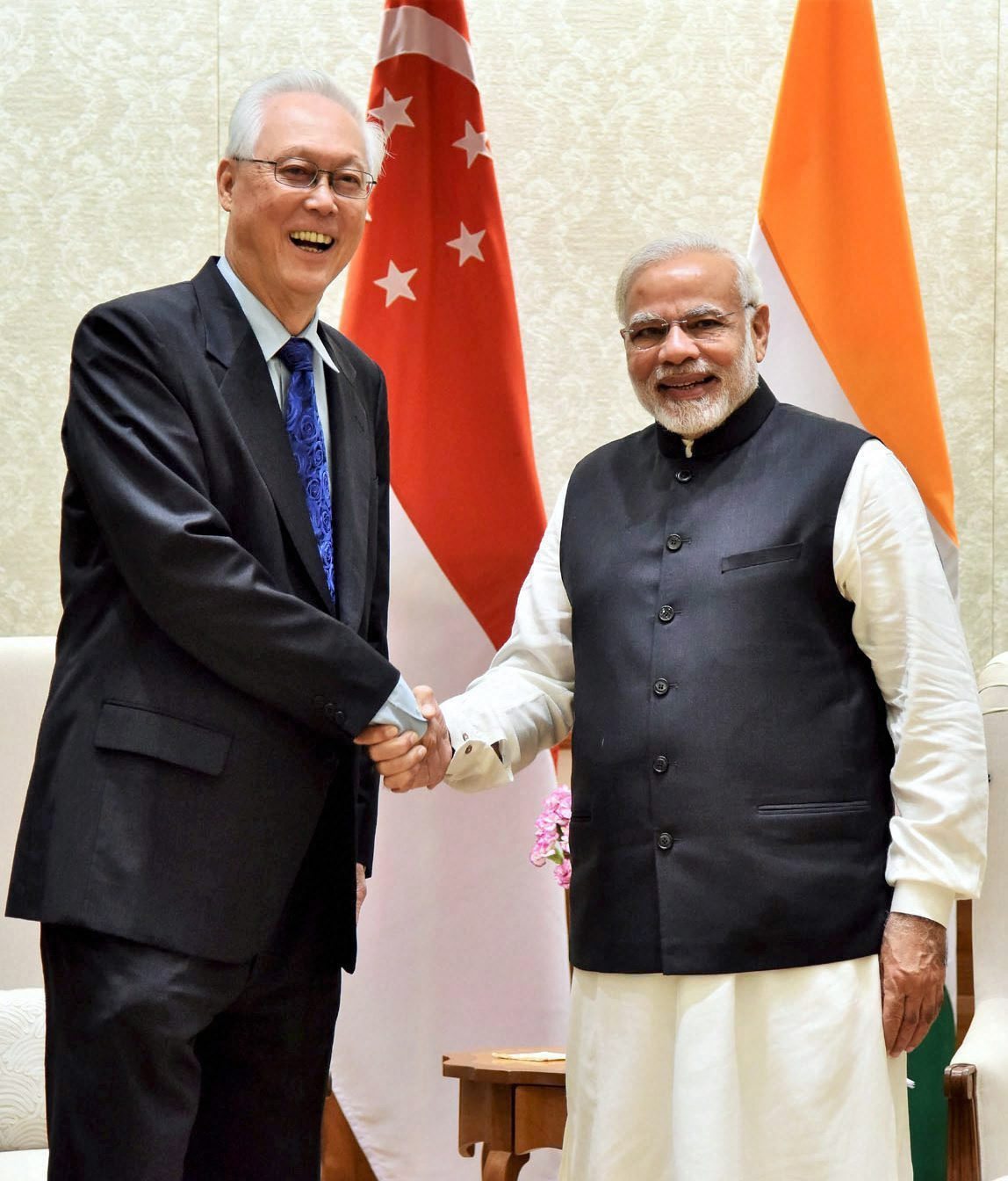 Former minister of Singapore Goh Chok Tong meeting Indian Prime Minister Narendra Modi yesterday in Delhi.