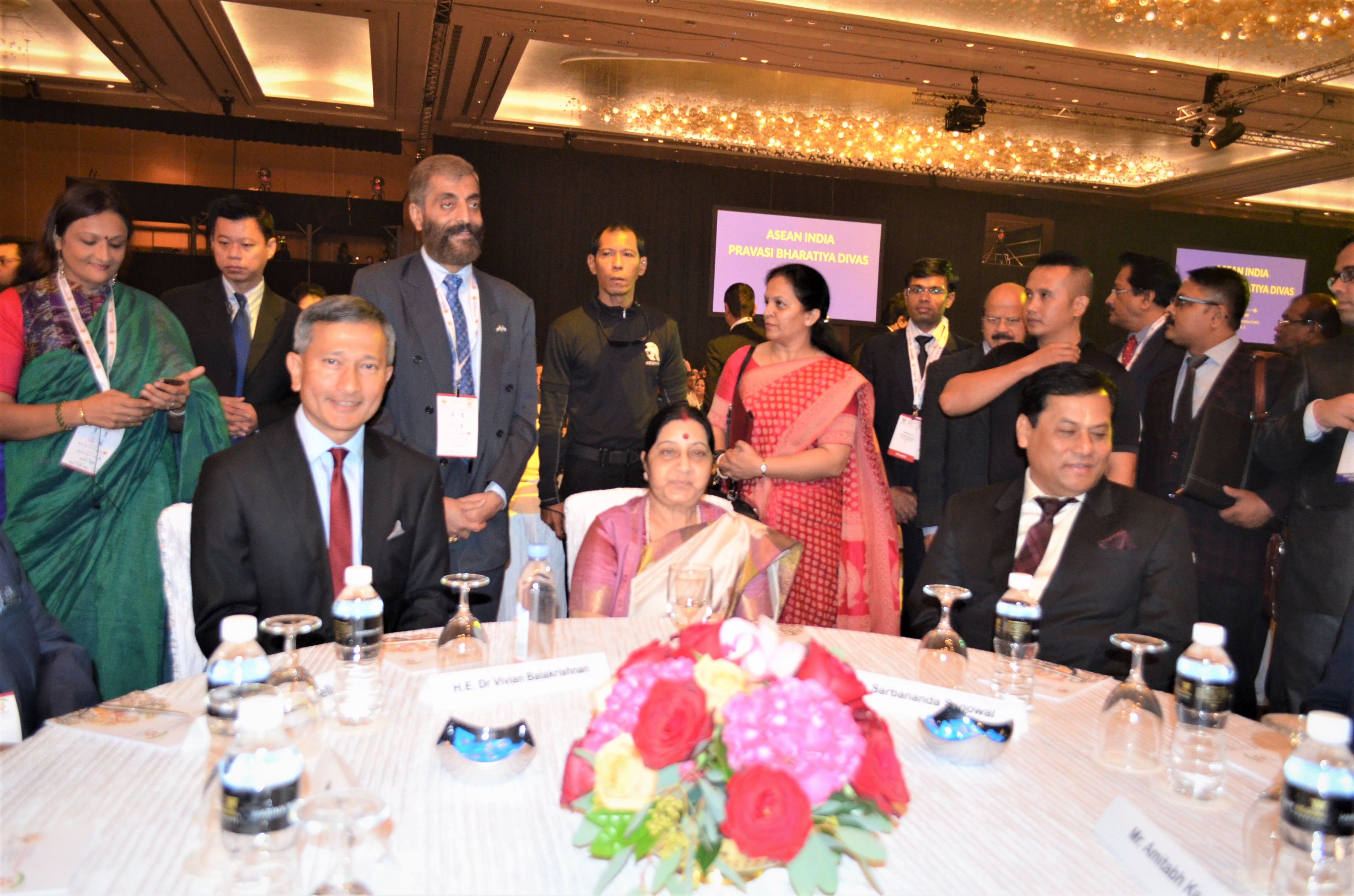 (From left to right) Minister for Foreign Affairs of Singapore Dr Vivian Balakrishnan, Indian Minister of External Affairs Sushma Swaraj and Chief Minister of the Indian state of Assam Sarbananda Sonowal present at the Pravasi Bhartiya Divas in Singapore.