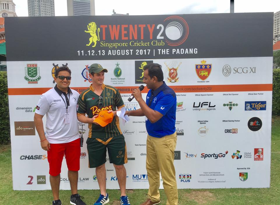 SCG XI's James Crosthwaite (centre) being presented the top run scorer's award by SCC T20 Chairman Push Sharma (left) and commentator Raman Bhanot.