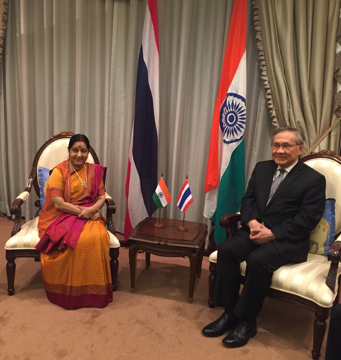 In first leg of three nation tour, the  Indian Minister for External Affairs Sushma Swaraj arrived in Thailand on 4 January to discussed issues of connectivity, security and cultural cooperation with Don Pramudwinai, Foreign Minister of Thailand.