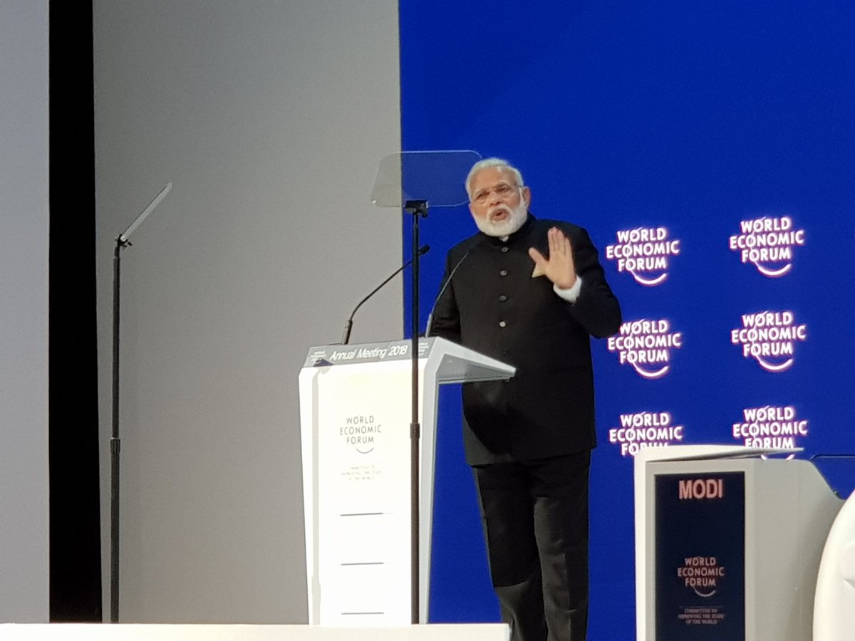 Indian Prime Minister Narendra Modi speaking at the plenary session of the 48th World Economic Forum (WEF) at Davos in Switzerland.