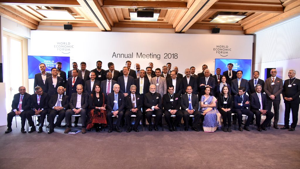 Indian Prime Minister Narendra Modi with Indian CEOs present at the World Economic Forum at Davos in Switzerland.