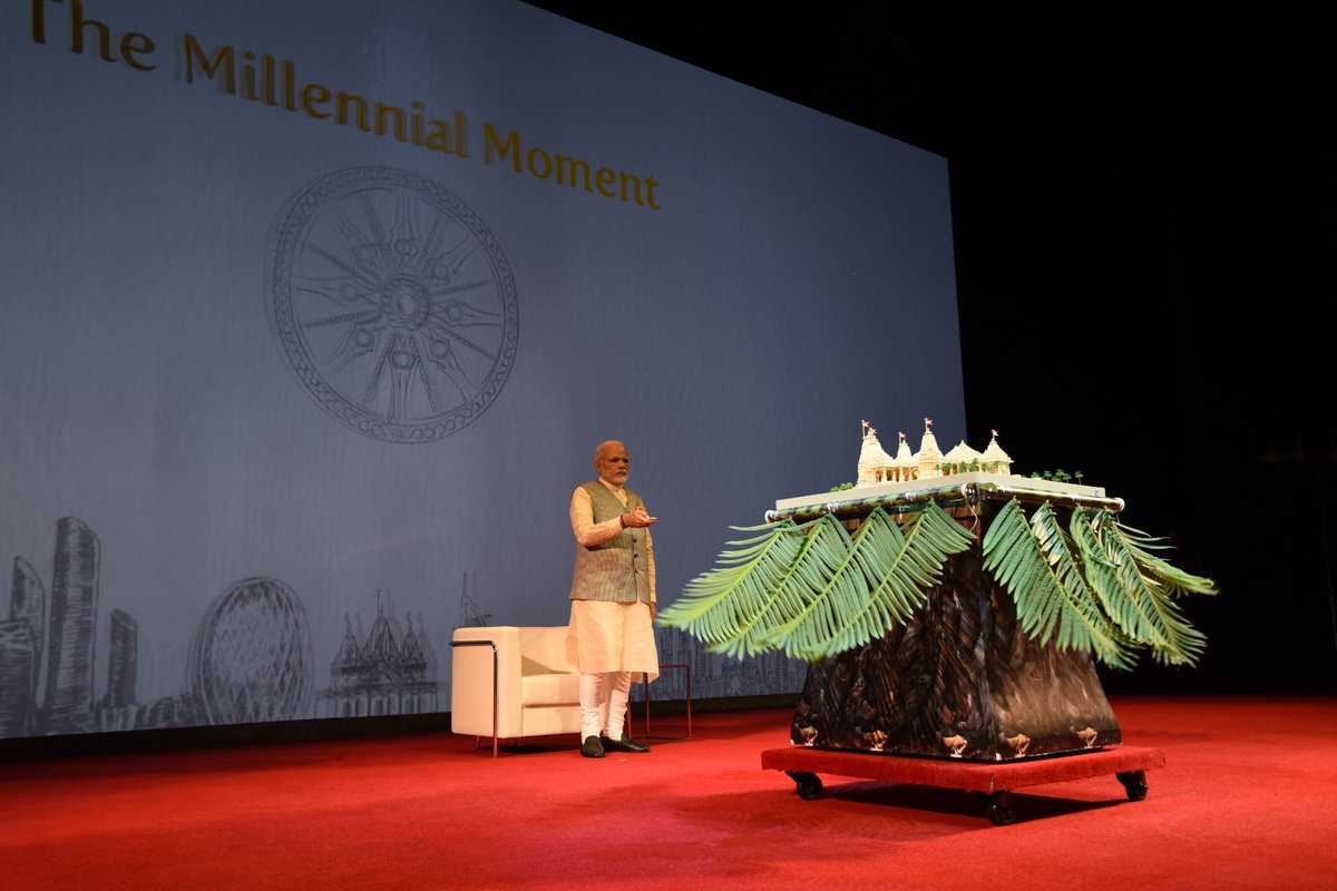 Narendra Modi unveiled the model of the temple that will be constructed in Abu Dhabi. It will be build over a land having an area of 55,000 square metres land off Abu Dhabi Highway and will be the first Hindu stone temple to be built in the Middle East. 