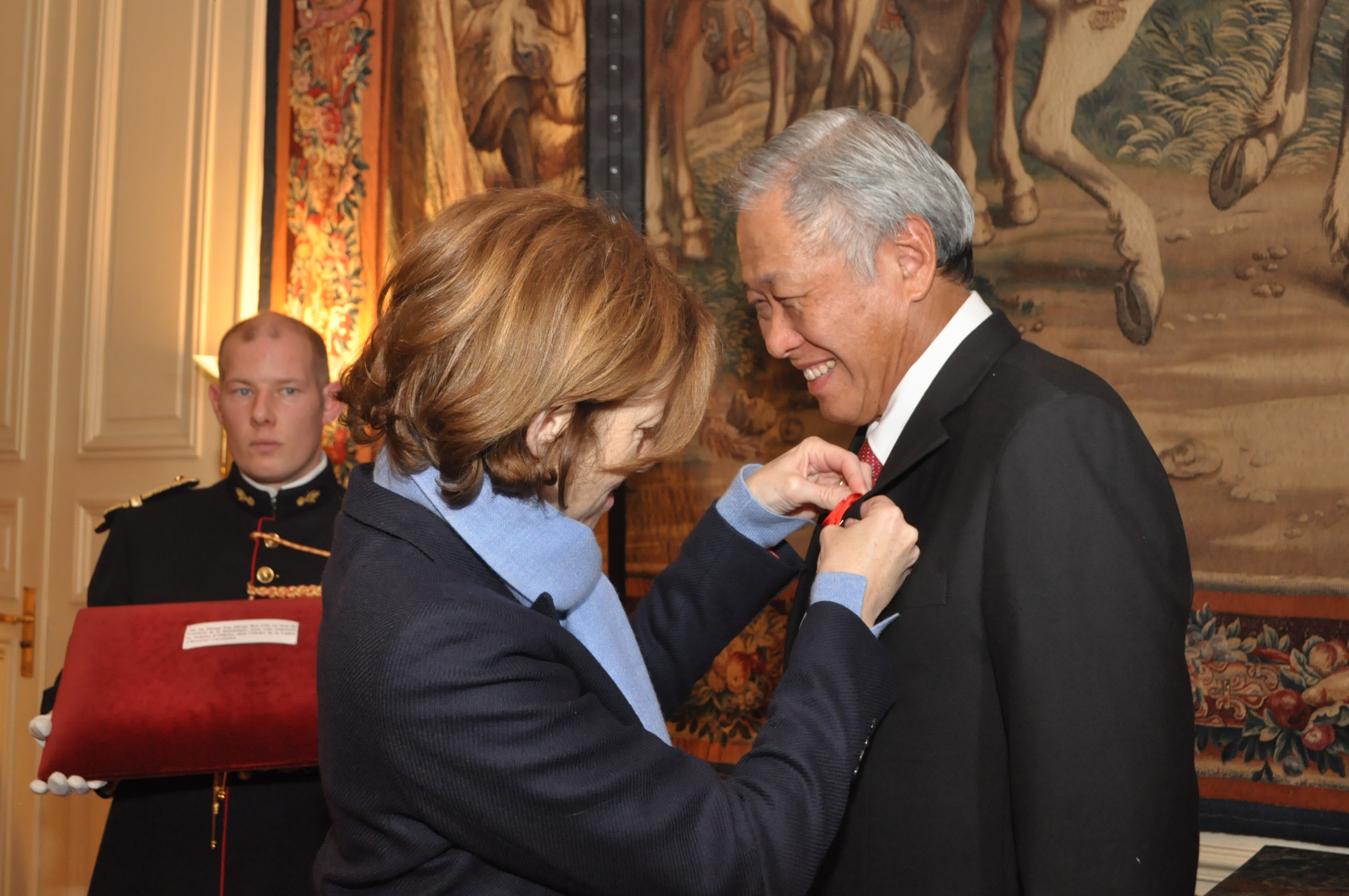 Minister for Defence Dr Ng Eng Hen being conferred the Legion of Honour by Florence Parly, on behalf of President of France Emmanuel Macron. 