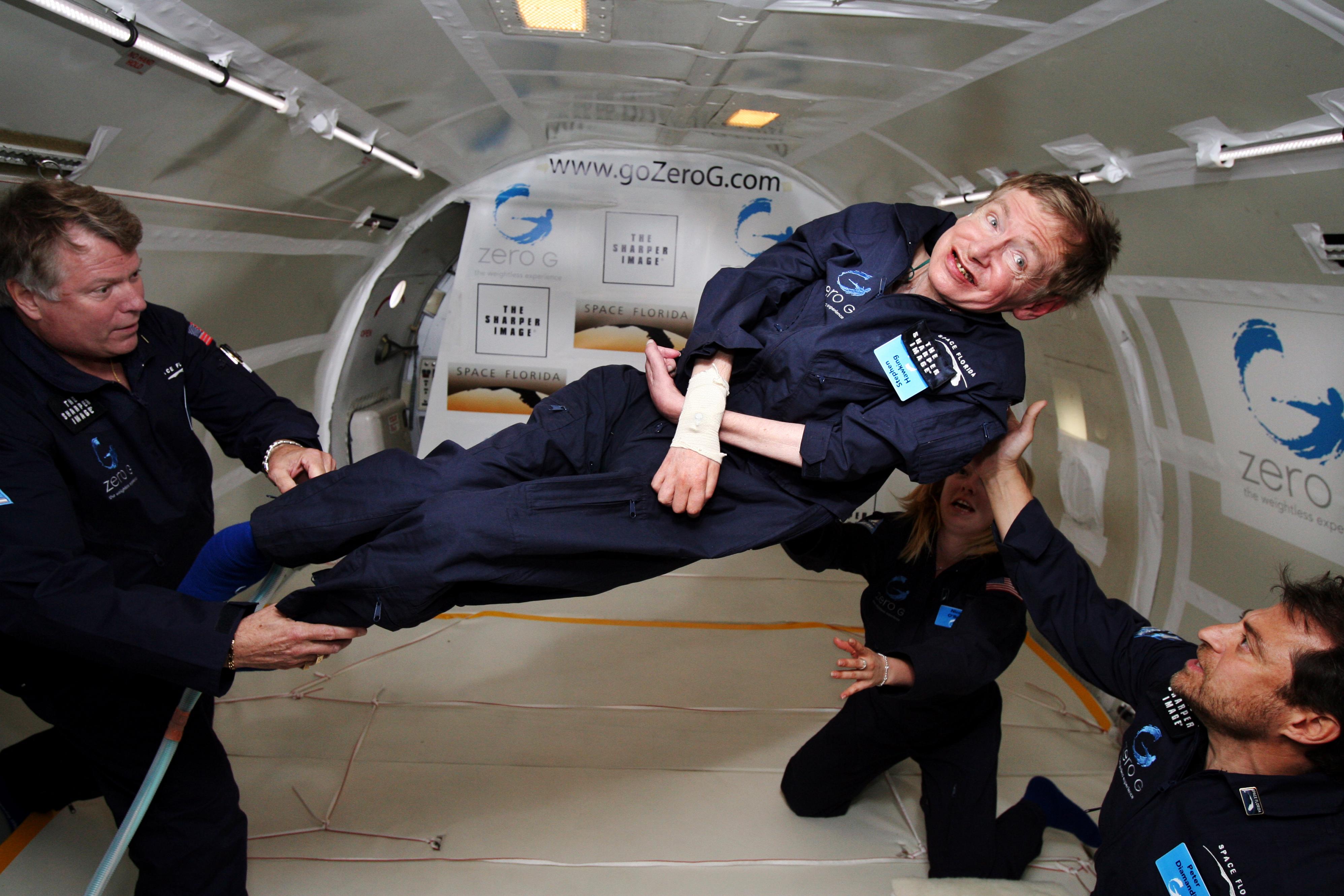 Stephen Hawking on a weightless suborbital flight, made possible because of his theories on gravity. 