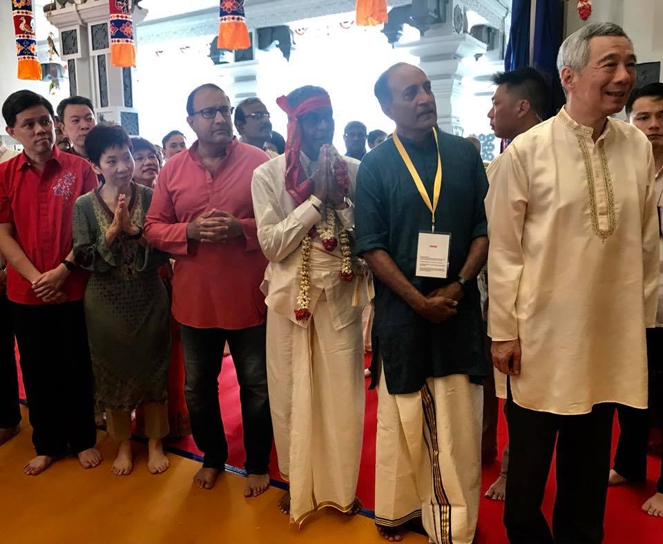 Prime Minister of Singapore Lee Hsien Loong (extreme right), Chan Chun Sing, Minister in the Prime Minister’s Office (first from left), Grace Fu, Minister for Culture, Community and Youth (second from left) and S Iswaran, Minister of Trade and Industry of Singapore (third from left) attending the re-consecration ceremony of Sri Srinivasa Perumal Temple. 