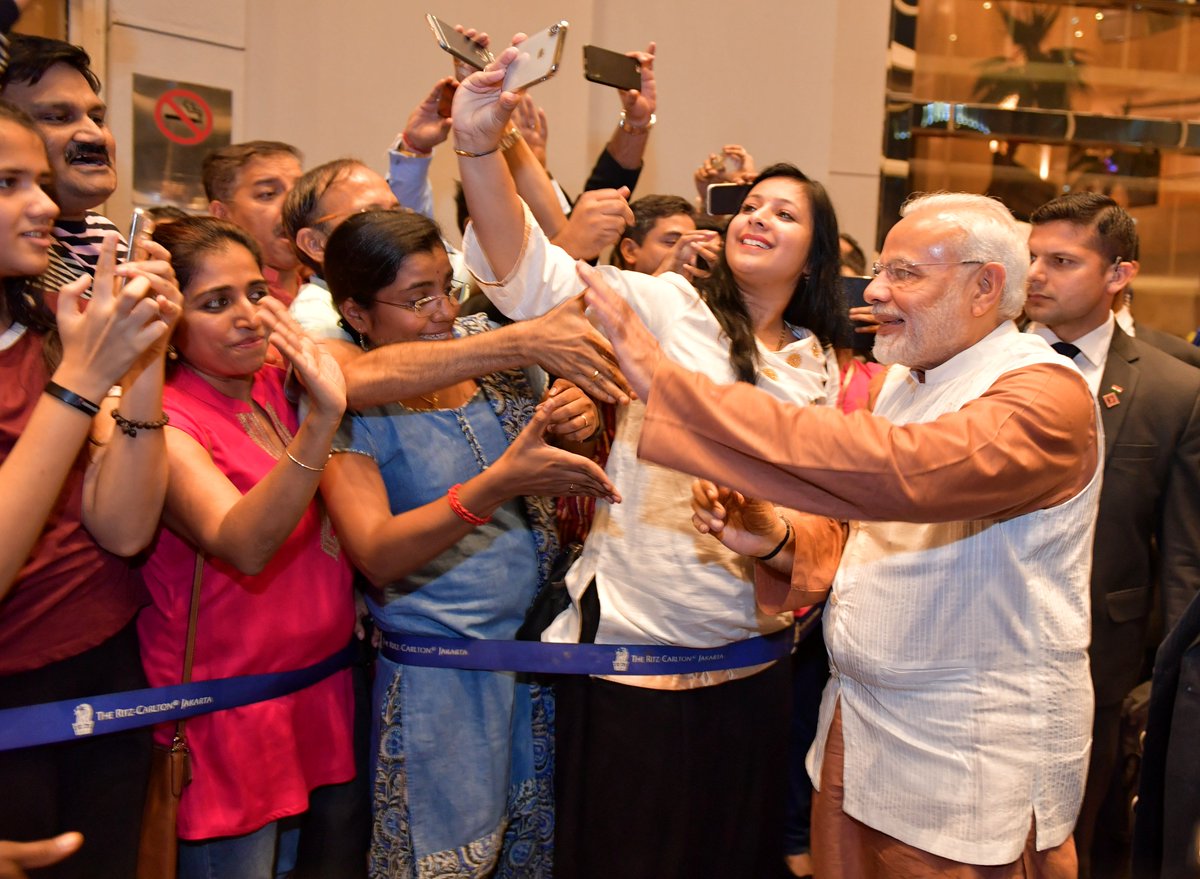 Indian Prime Minister Narendra Modi was given an enthusiastic welcome by the members of Indian community in Jakarta.