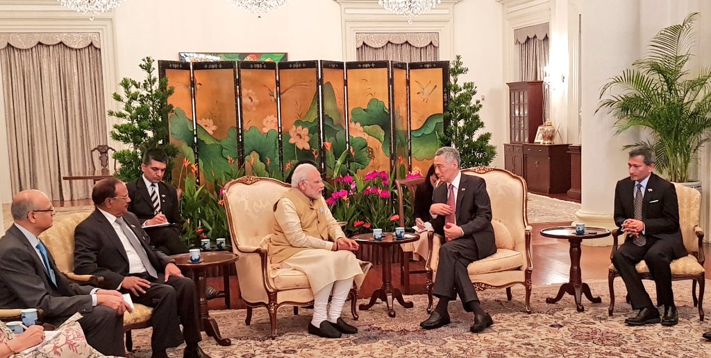 Indian Prime Minister Narendra Modi holding delegation level talks with his Singaporean counterpart Lee Hsien Loong at Istana. The discussion focused on a wide range of bilateral cooperation, specially in trade & investment, connectivity, innovation, technology and strategic issues between the two countries.