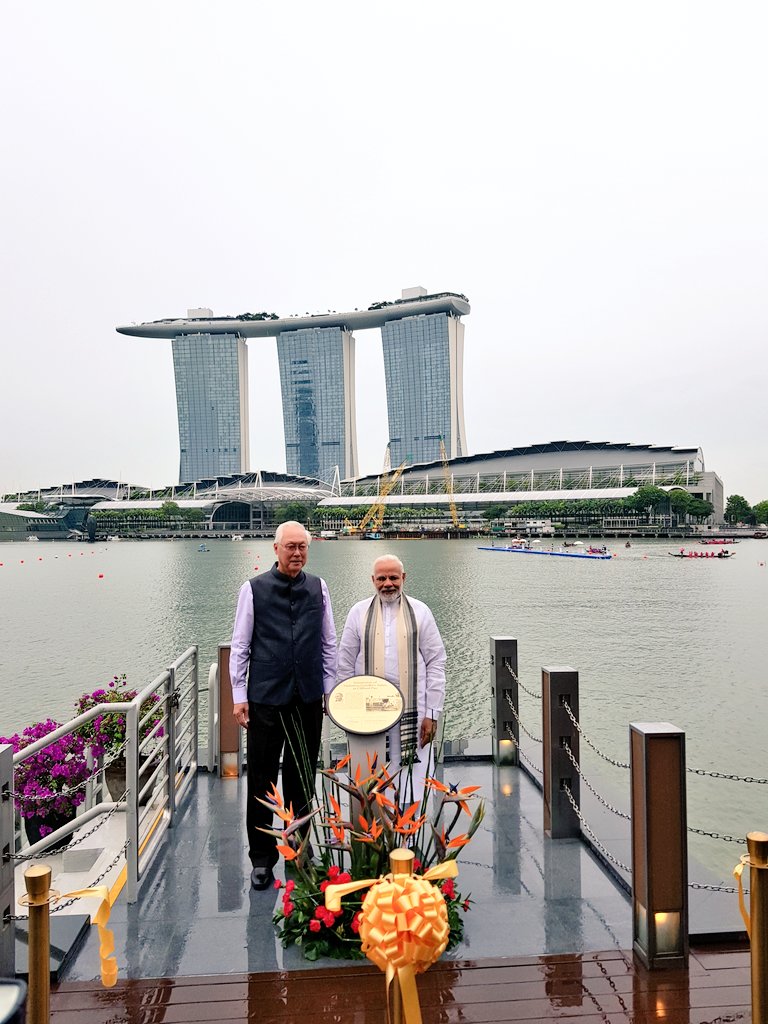 Indian Prime Minister Narendra Modi along with former Prime Minister of Singapore, ESM Goh Chok Tong at the immersion site of Mahatma Gandhi’s ashes at Clifford Pier in Singapore.