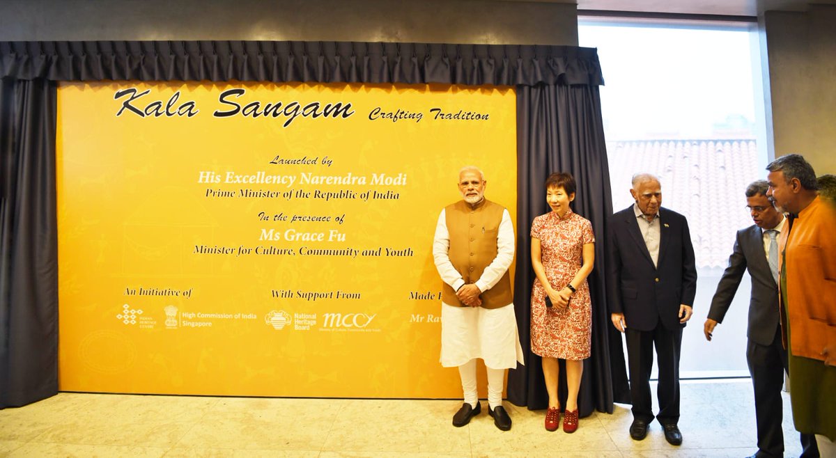 PM Modi unveiling Kala Sangam, a permanent platform established by High Commission of India at Indian Heritage Centre. The purpose of the platform is to to bring Indian artisans to Singapore to demonstrate their craft, make and sell their products. Singapore Culture Minister Grace Fu Hai Yien is also present on the occasion. 