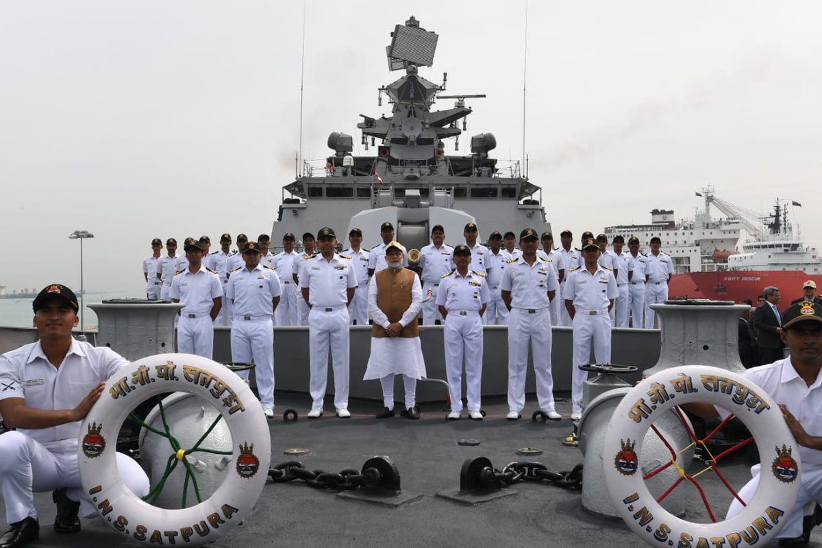 PM Modi on board INS Satpura which is visiting the Changi Naval Base as part of its deployment in the region. 