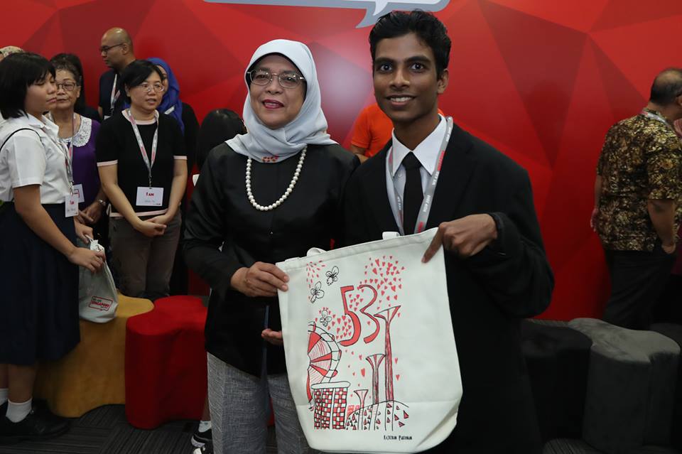 Indian-origin special student Rajkiran Parienan has made a special design titled ‘Awesome 53 Years Singapore!’ which showcases some of the things he loves about Singapore. Photo courtesy: Facebook page of President Halimah Yacob