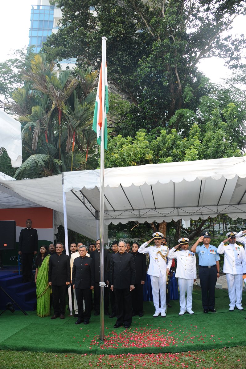Flag unfurling at the Indian high Commission in Singapore to mark Independence Day. Photo courtesy: HCI