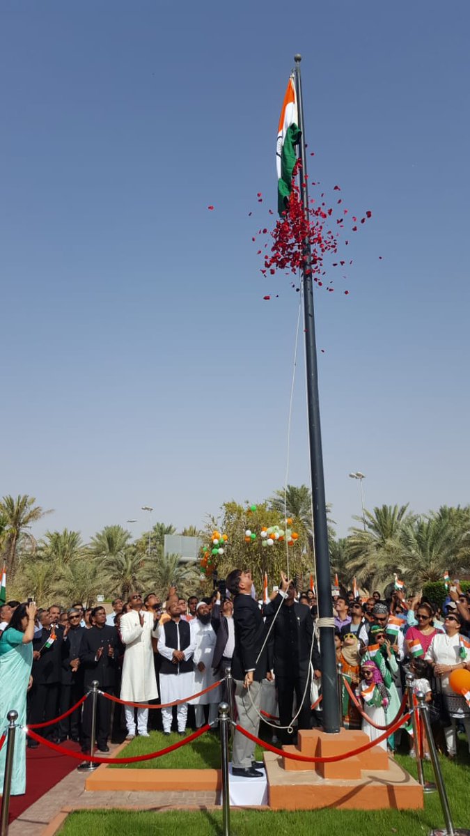 Ambassador H E Mr Ahmad Javed unfurled the National Flag in the midst of hundreds of community members @IndEmbRiyadh