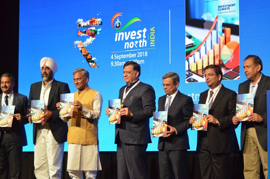 Manpreet Singh Badal, Punjab's Minister for Finance (second from left), Trivendra Singh Rawat, Chief Minister of Uttarakhand (third from left), Satish Mahana, Uttar Pradesh's Minister for Industrial Development, H.E. Jawed Ashraf, High Commissioner of India to Singapore (fifth from left) and Sachit Jain, Chairman of CII Northern Region jointly releasing a booklet 'Investment Climate' at the Invest North 2018 Summit in Singapore. Photo: Connected to India