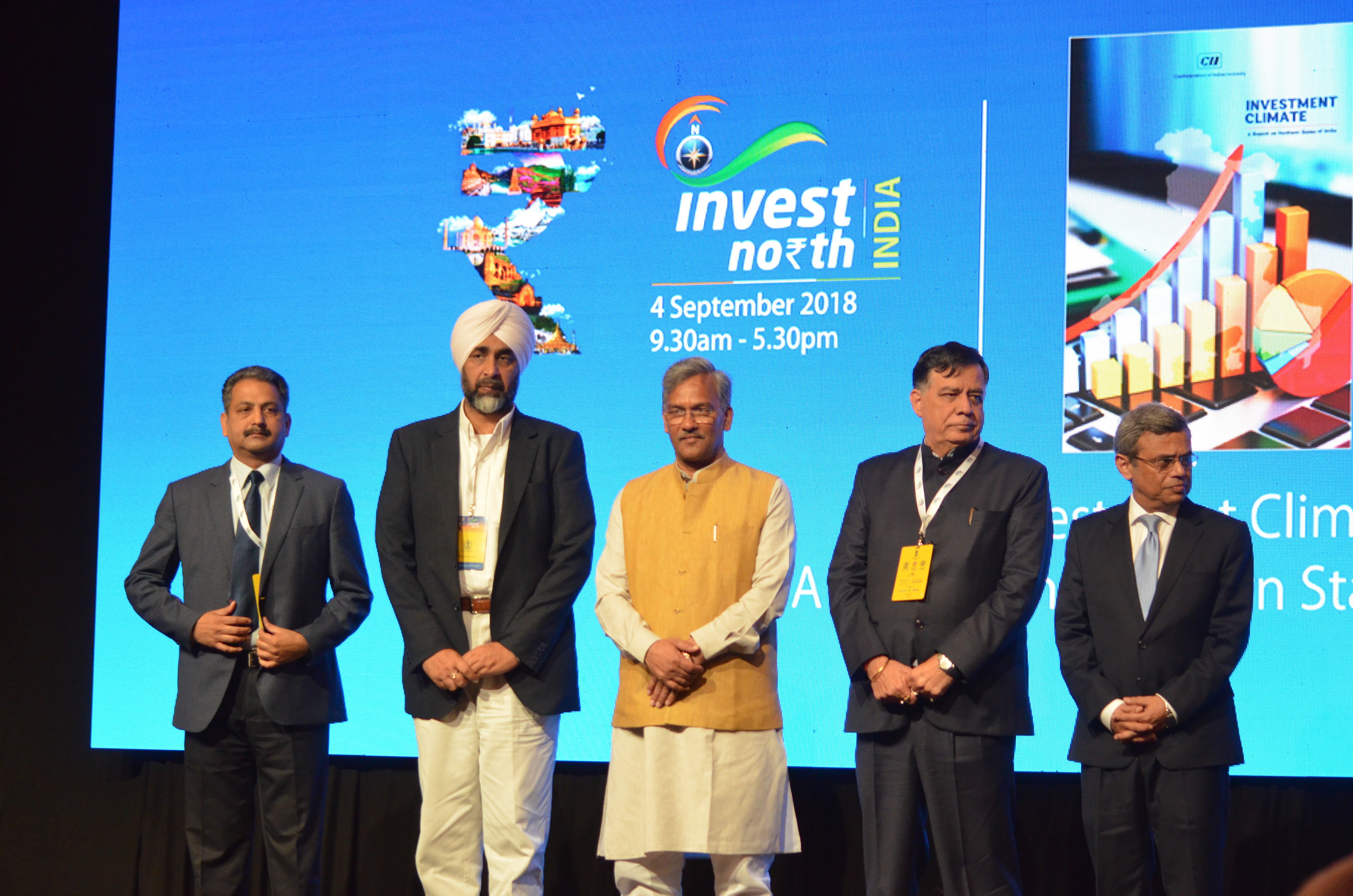 Manpreet Singh Badal, Punjab's Minister for Finance (second from left), Trivendra Singh Rawat, Chief Minister of Uttarakhand (third from left), Satish Mahana, Uttar Pradesh's Minister for Industrial Development, H.E. Jawed Ashraf, High Commissioner of India to Singapore (fifth from left) and Sachit Jain, Chairman of CII Northern Region jointly releasing a booklet 'Investment Climate' at the Invest North 2018 Summit in Singapore. Photo: Connected to India