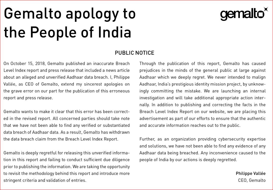 Apology issued by Gemalto CEO Philippe Vallee in The Times Of India Photo Courtesy; TOI, October 27, 2018