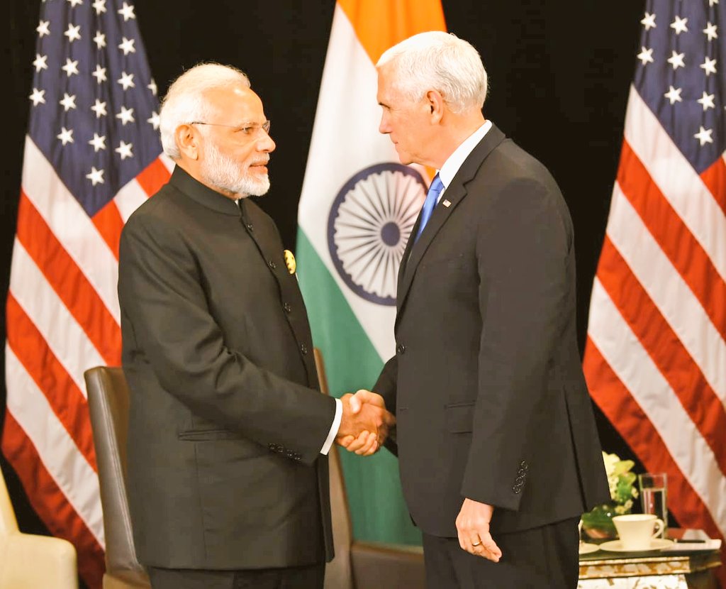 Indian Prime Minister Narendra Modi meeting US Vice President Mike Pence in Singapore on the sidelines of East Asia Summit. Photo courtesy: Twitter@/MEAIndia