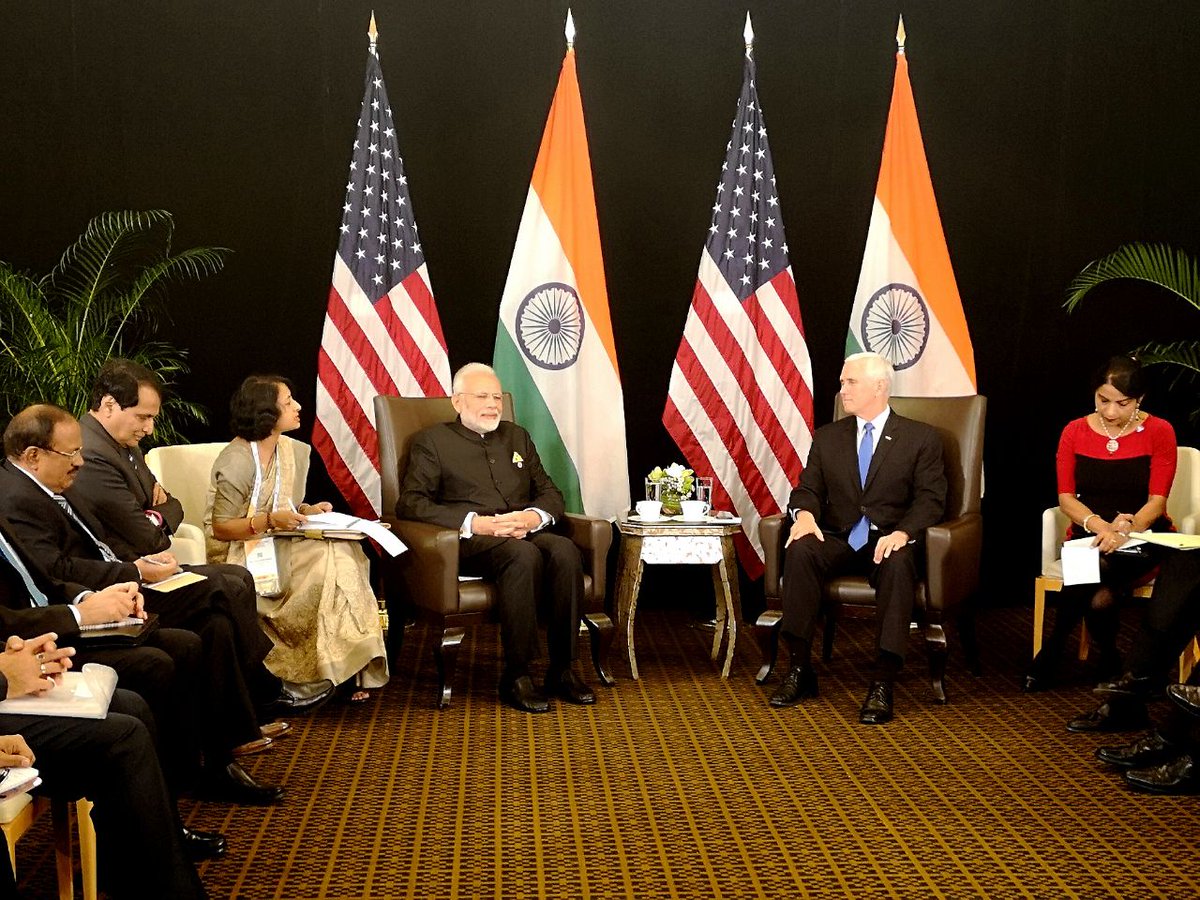 Indian Prime Minister Narendra Modi and US Vice President Mike Pence had productive discussion on all aspects of global strategic partnership based on growing convergence of interests on regional and global issues. Photo courtesy: Twitter@/MEAIndia