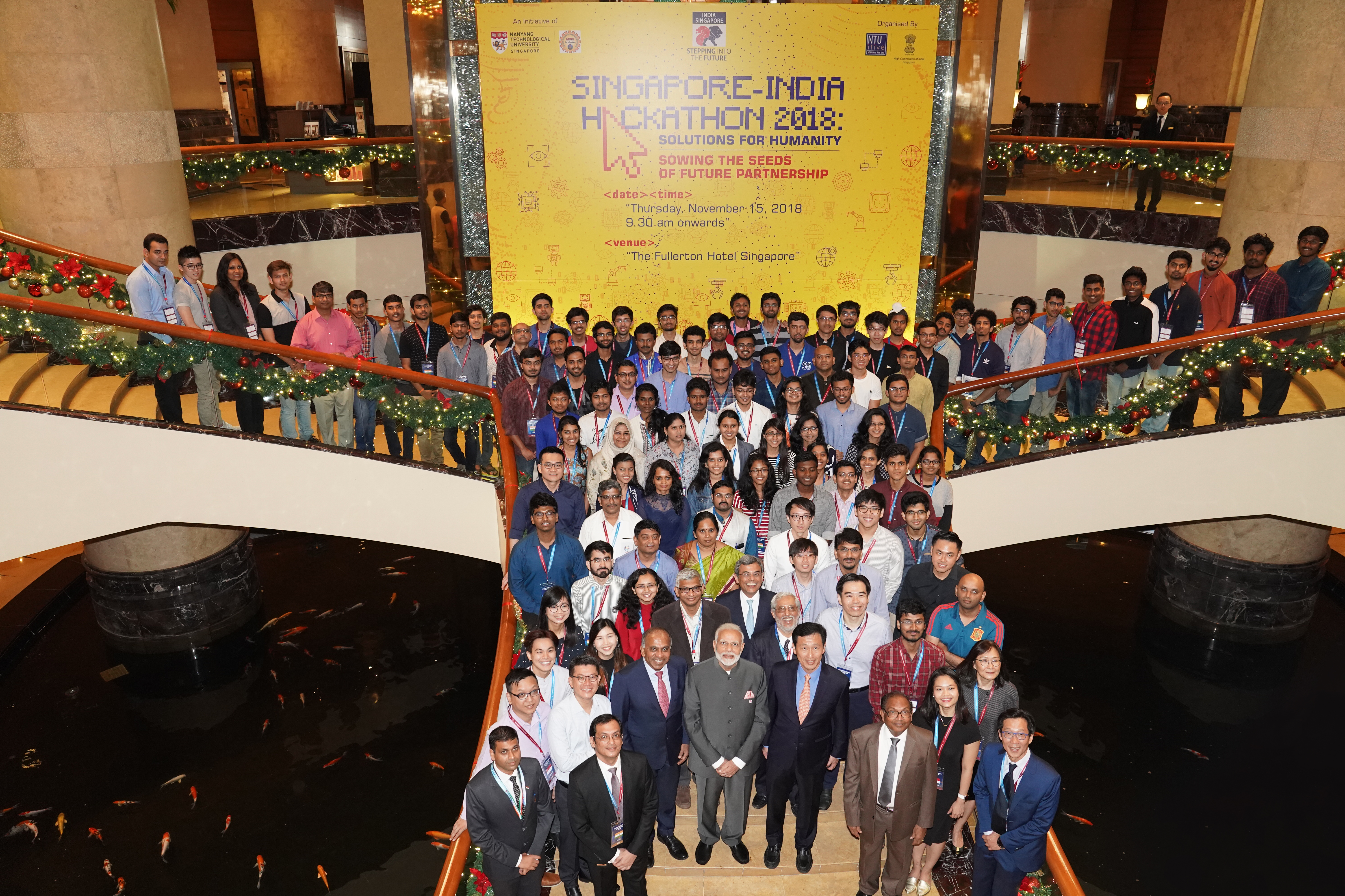 Indian Prime Minister Narendra Modi and Singapore’s Education Minister Ong Ye Kung taking a group photo with the participants, mentors and organisers of the Singapore-India Hackathon. Photo courtesy: NTU