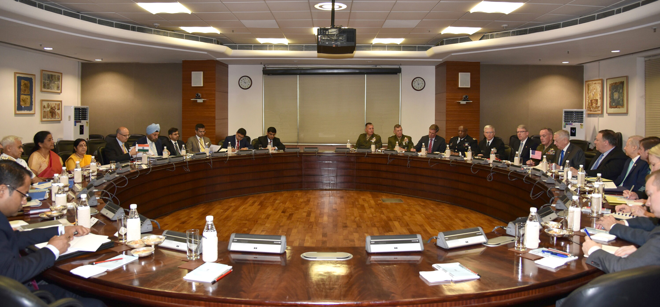 Indian Minister for Defence Nirmala Sitharaman, Minister for External Affairs Sushma Swaraj along with the US Secretary of Defence James Mattis and the US Secretary of State Michael R. Pompeo at the ‘2+2 Bilateral Dialogue’ between the two countries, in New Delhi on September 06, 2018 (Photo courtesy: Ministry of Defence