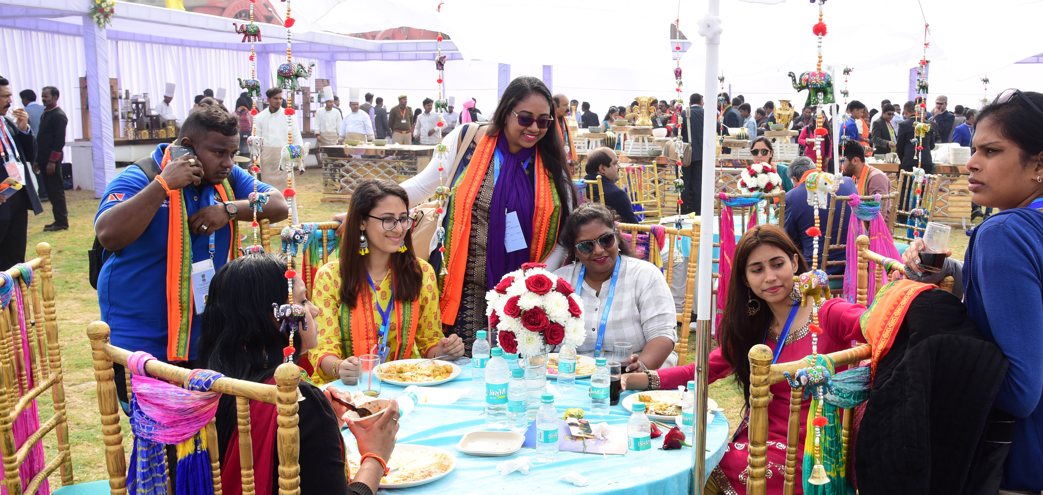 PBD delegates enjoying Indian hospitality at the sprawling Indraprastham Tent City in the Kumbh Mela area as they reached Prayagraj from Varanasi. Photo: Connected to India