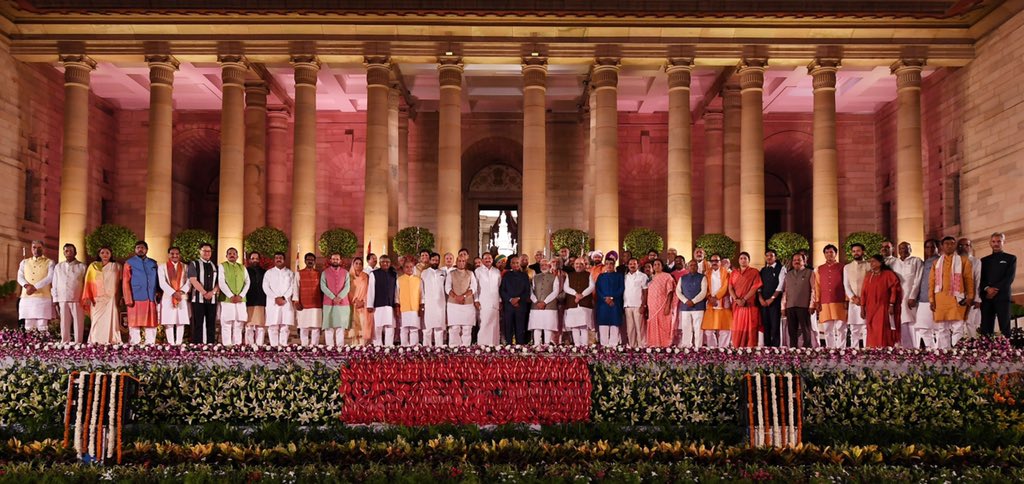 PM Modi with his new Council of Ministers and President Kovind after the oath-taking ceremony. Photo courtesy: Twitter/@narendramodi