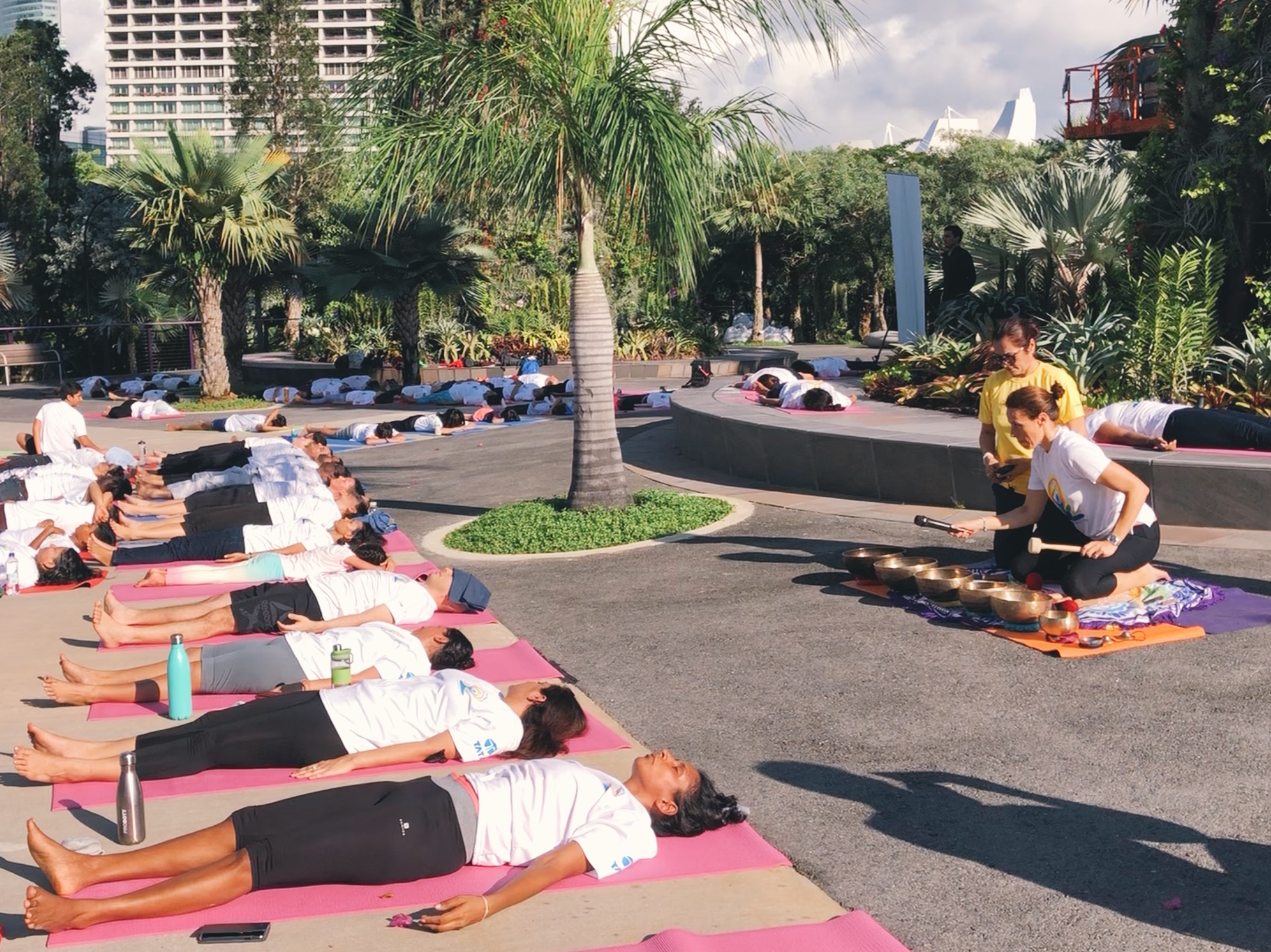 The practice ended with a savasana that was accompanied by singing bowls player by Nathalie Sofia from Vyasa Yoga. Photo: Connected to India