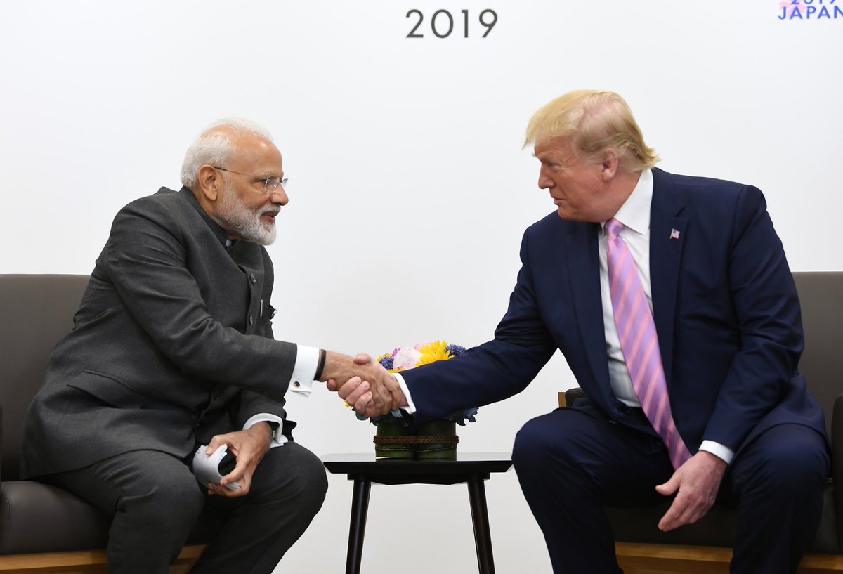 Narendra Modi and Donald Trump meeting at the G20 Summit in Japan in June 2019. Photo courtesy: Twitter/@narendramodi