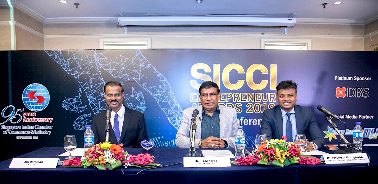 (From left) SICCI chief executive Kumaran Barathan, SICCI chairman T. Chandroo, and organising chairman and SICCI board director Parthiban Murugaiyan took questions from the press at the launch of SICCI's Annual Entrepreneur Awards on Monday, July 22. The Awards were launched in 2004 to recognise outstanding Indian entrepreneurs and inspire Singaporean Indians to get on the entrepreneurship path. Photo: SICCI