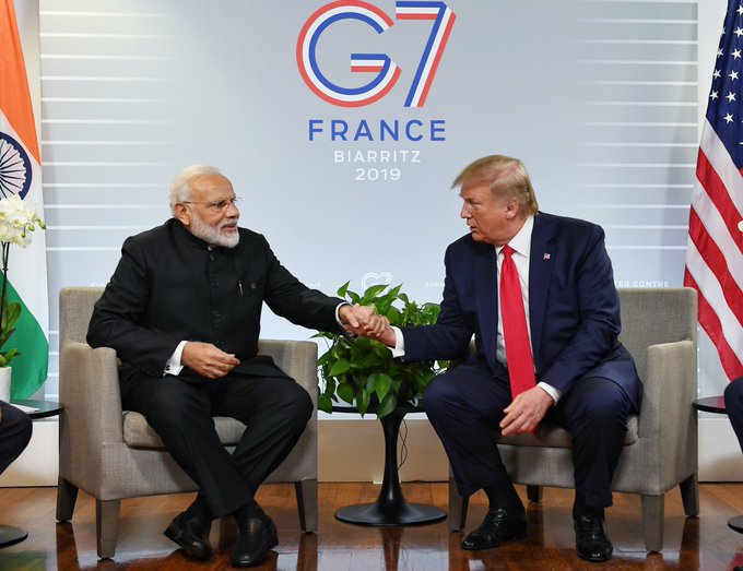 Modi reiterated India's stance as he sat next to Trump and categorically rejected any scope for third party mediation between India and Pakistan on Kashmir. Photo courtesy: Twitter/@PMOIndia