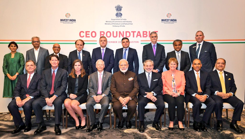 Modi attended a roundtable conference with several chief executives of energy sector companies. Photo courtesy: Twitter/@MEAIndia