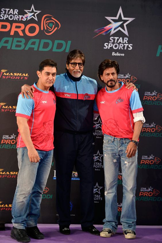 Bachchan's interests and brand extended beyond the movie industry. Seen here at the opening of the Pro KAbaddi League with Bollywood stars Aamir Khan (left) and Shah Rukh Khan. Photo courtesy: Pinterest