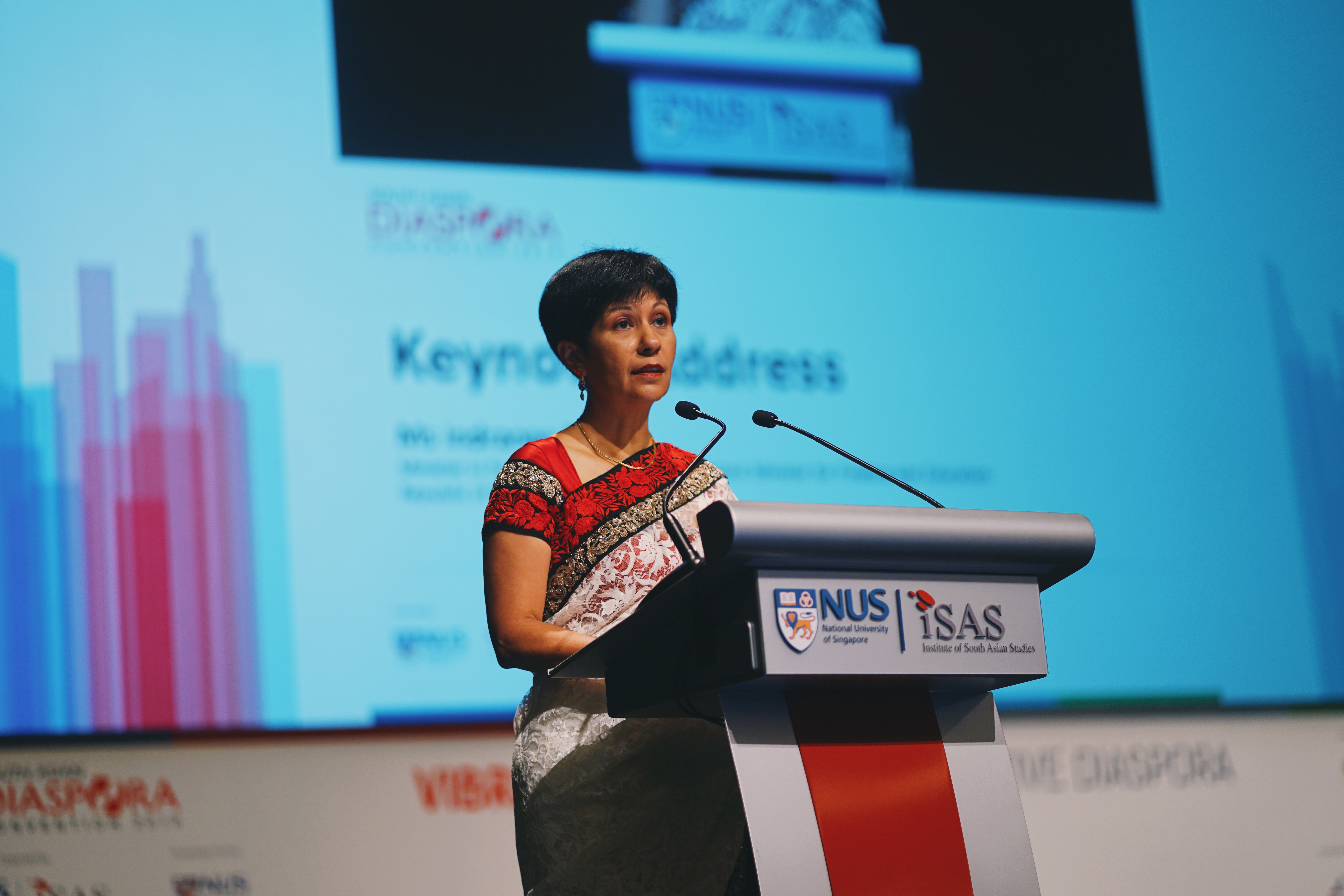 Indranee Rajah, Singapore's Second Minister for Finance and Education, speaking at the South Asian Diaspora Convention 2019. Photo courtesy: Institute of South Asian Studies, NUS