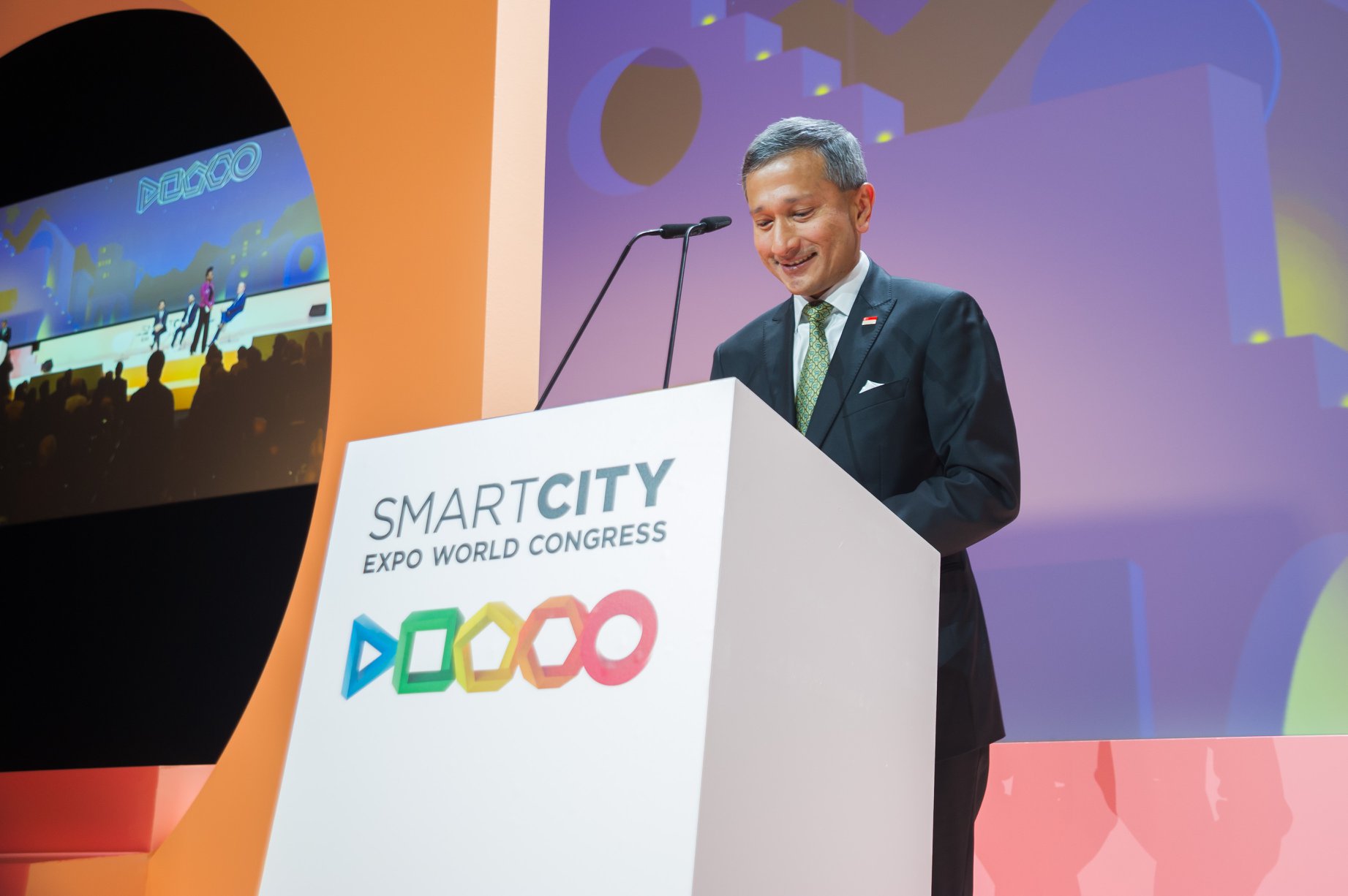 Minister in-charge of the Smart Nation Initiative Dr Vivian Balakrishnan speaking at the ninth edition of the Smart City Expo World Congress in Barcelona. Photo courtesy: Vivian Balakrishnan FB