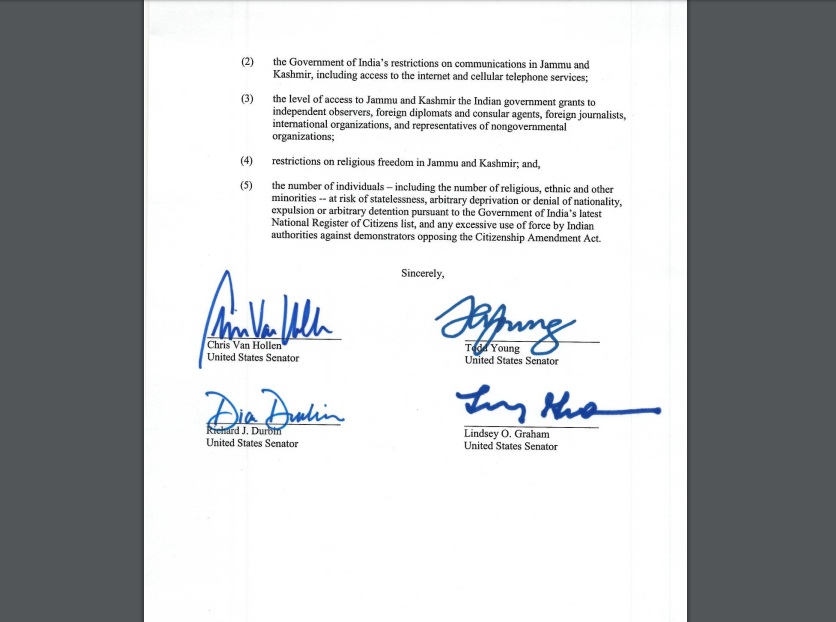 Letter written by four US Senators to Secretary of State Mike Pompeo. Courtesy: www.vanhollen.senate.gov