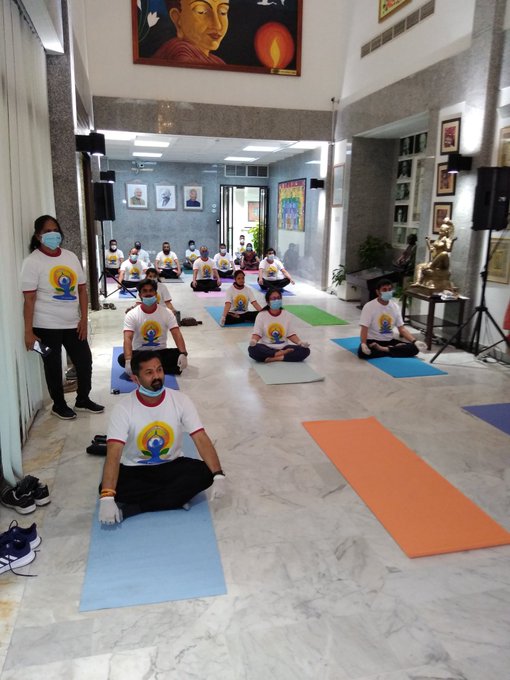 Yoga session with social distancing at the Indian consulate in Dubai on IDY 2020. Photo courtesy: Twitter/@cgidubai