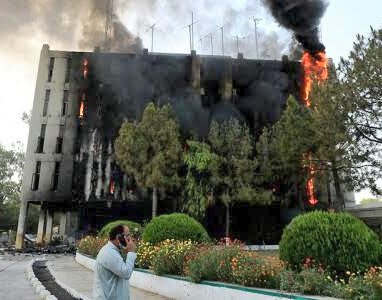 Following Khan’s arrest, his supporters set fire to government buildings, blocked roads and damaged property belonging to the military, which they blame for Khan’s downfall.