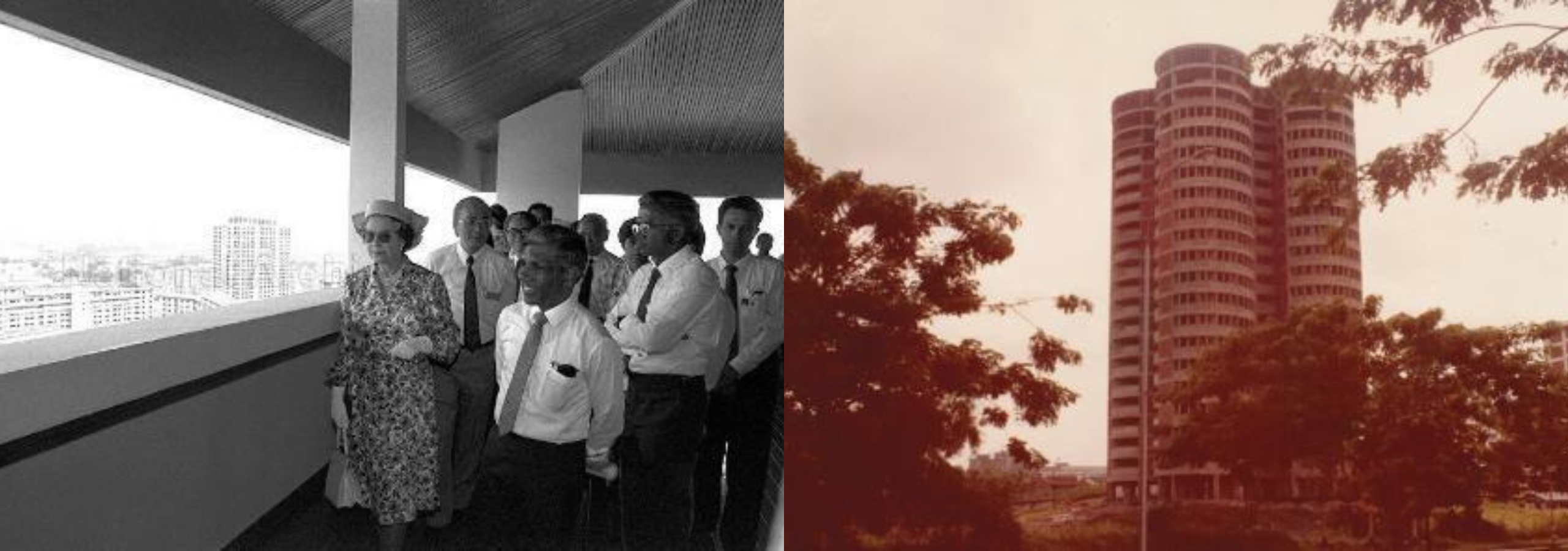 (L-R) Queen Elizabeth II on her tour of Ang Mo Kio at Block 710, 1989 (Ministry of Information and the Arts Collection, courtesy of National Archives of Singapore), and Singapore’s only block of circular flats built by the Housing & Development Board – Block 259, The “Clover Block”, 1981.